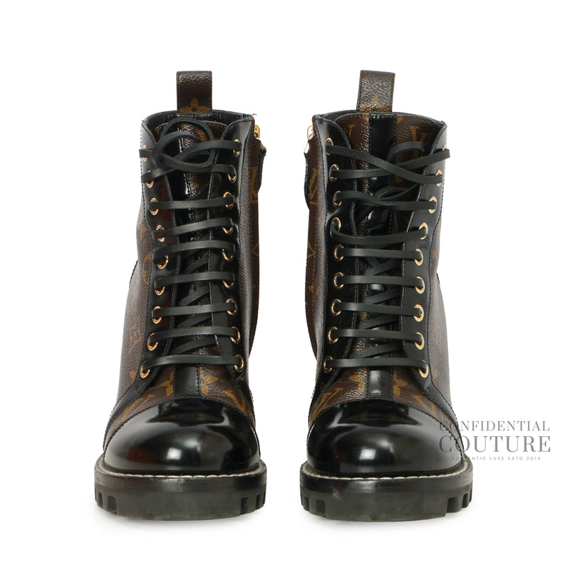 Pre-Loved Louis Vuitton Star Trail Ankle Boots Black/Brown Patent and Monogram Canvas EU 35 – Front View
