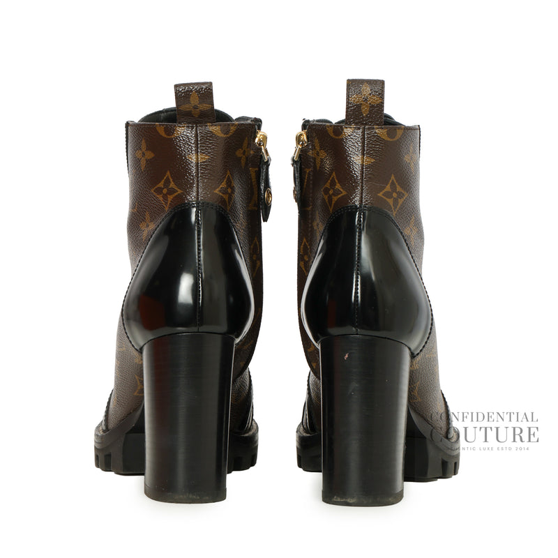 Authentic Pre-Owned Louis Vuitton Star Trail Ankle Boots Black/Brown Patent and Monogram Canvas EU 35