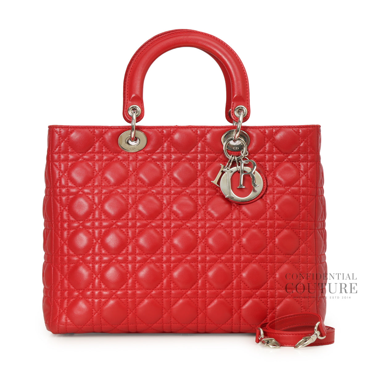 Red Cannage Quilted Lambskin Leather Large Lady Dior Bag
