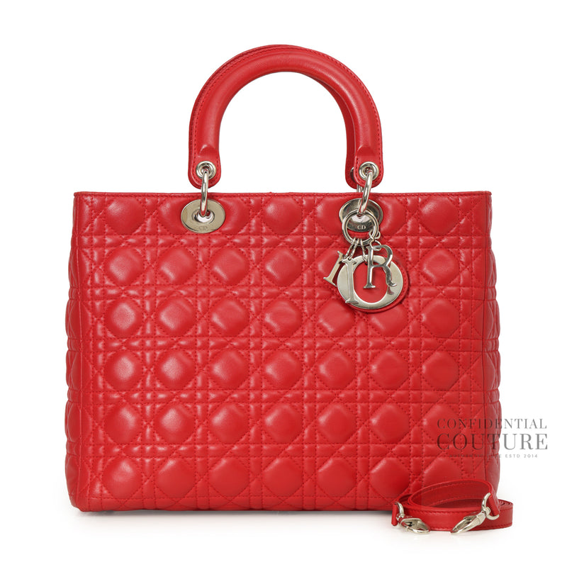 Red Cannage Quilted Lambskin Leather Large Lady Dior Bag