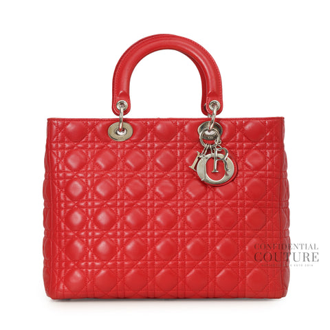 Red Cannage Quilted Lambskin Leather Large Lady Dior Bag