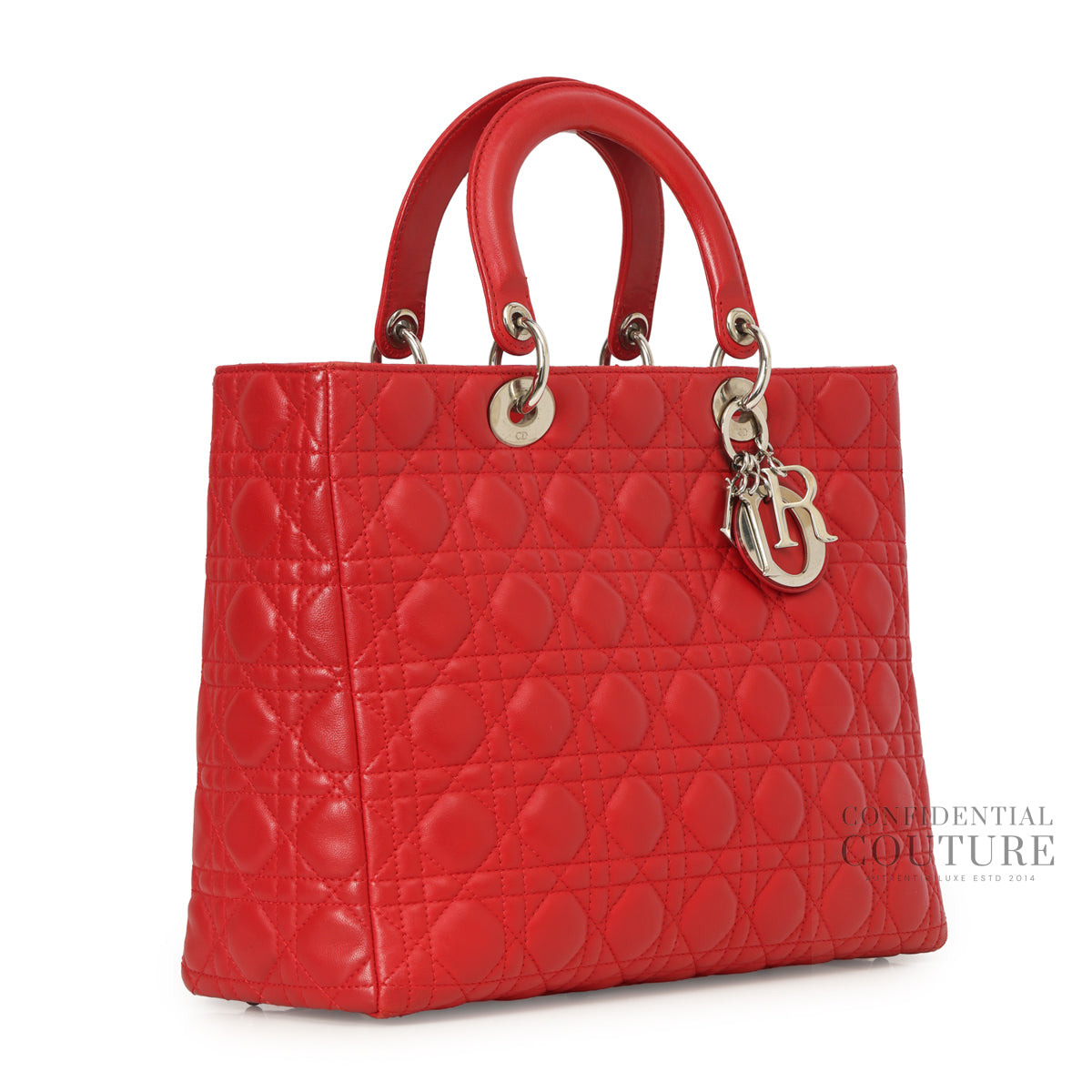 Red Cannage Quilted Lambskin Leather Large Lady Dior Bag