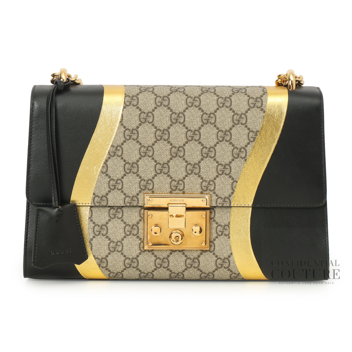Beige/Ebony & Black GG Supreme Coated Canvas Padlock Medium Shoulder Bag