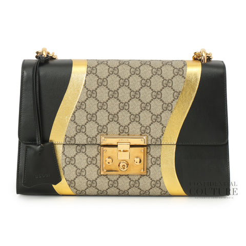 Beige/Ebony & Black GG Supreme Coated Canvas Padlock Medium Shoulder Bag