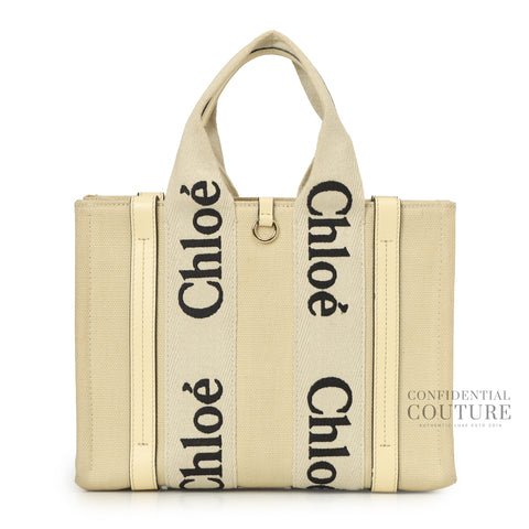Beige Canvas/Leather Small Woody Tote Bag