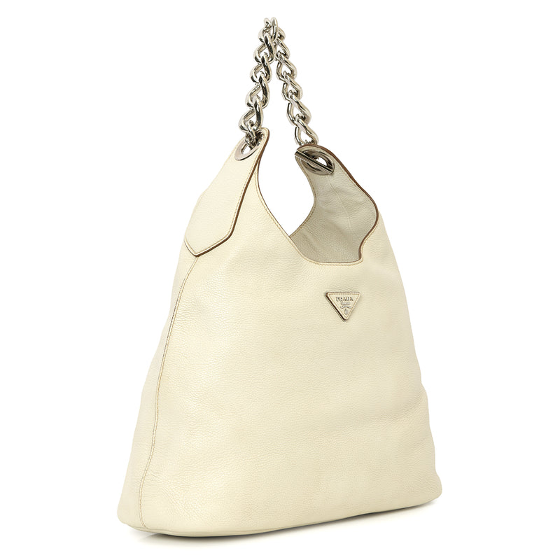 Prada enameled metal triangle vitello daino chain hobo bag price