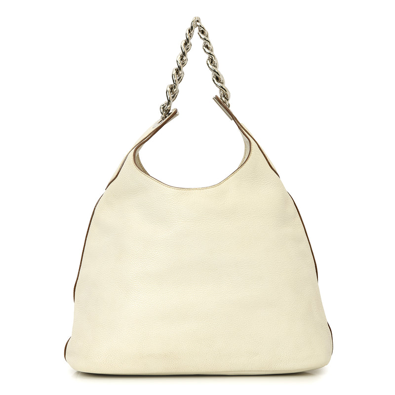 Prada enameled metal triangle vitello daino chain hobo bag black