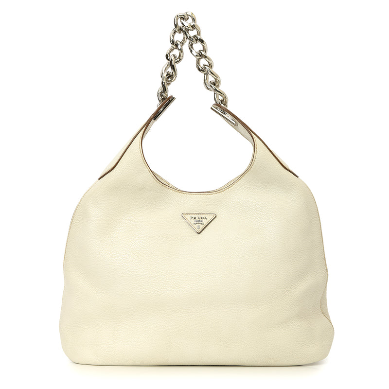 Prada Enameled Metal Triangle Vitello Daino Chain Hobo Bag