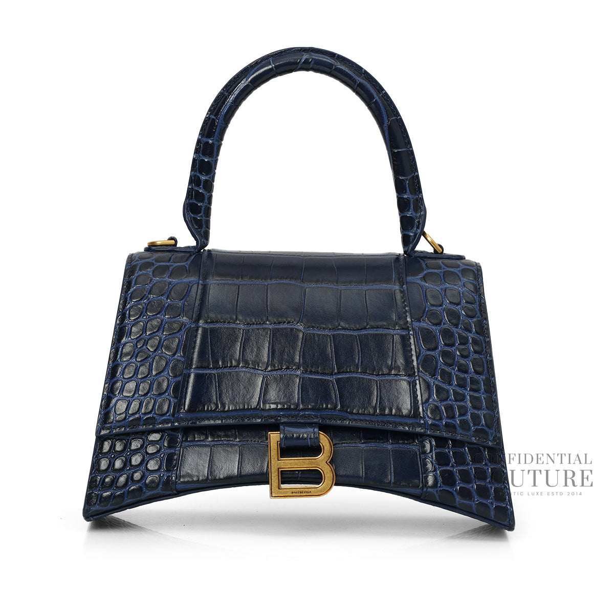 Hourglass XS Croc-Effect Leather Blue Crossbody Bag