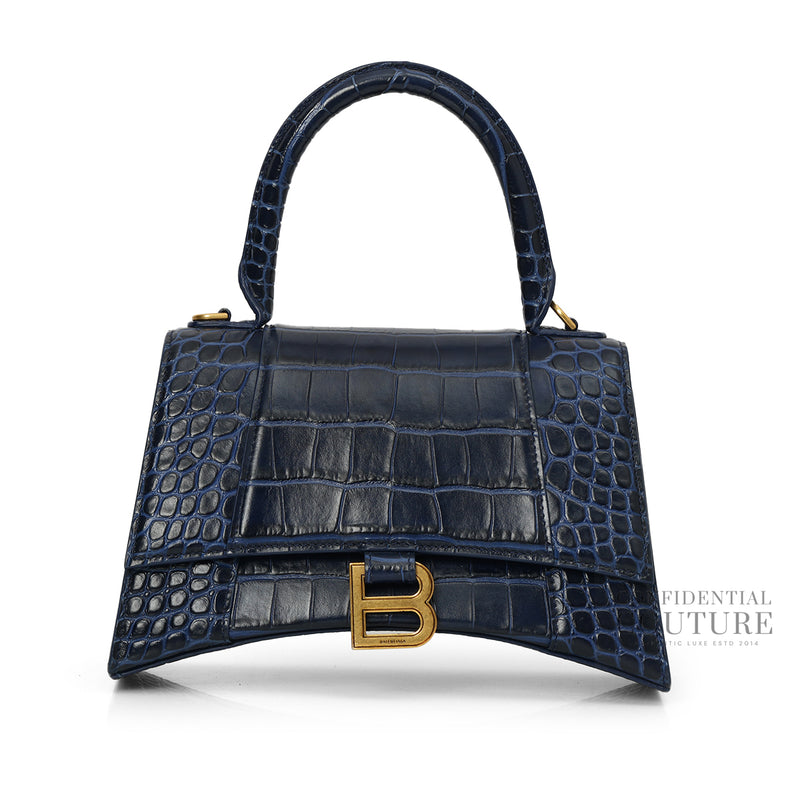 Hourglass XS Croc-Effect Leather Blue Crossbody Bag