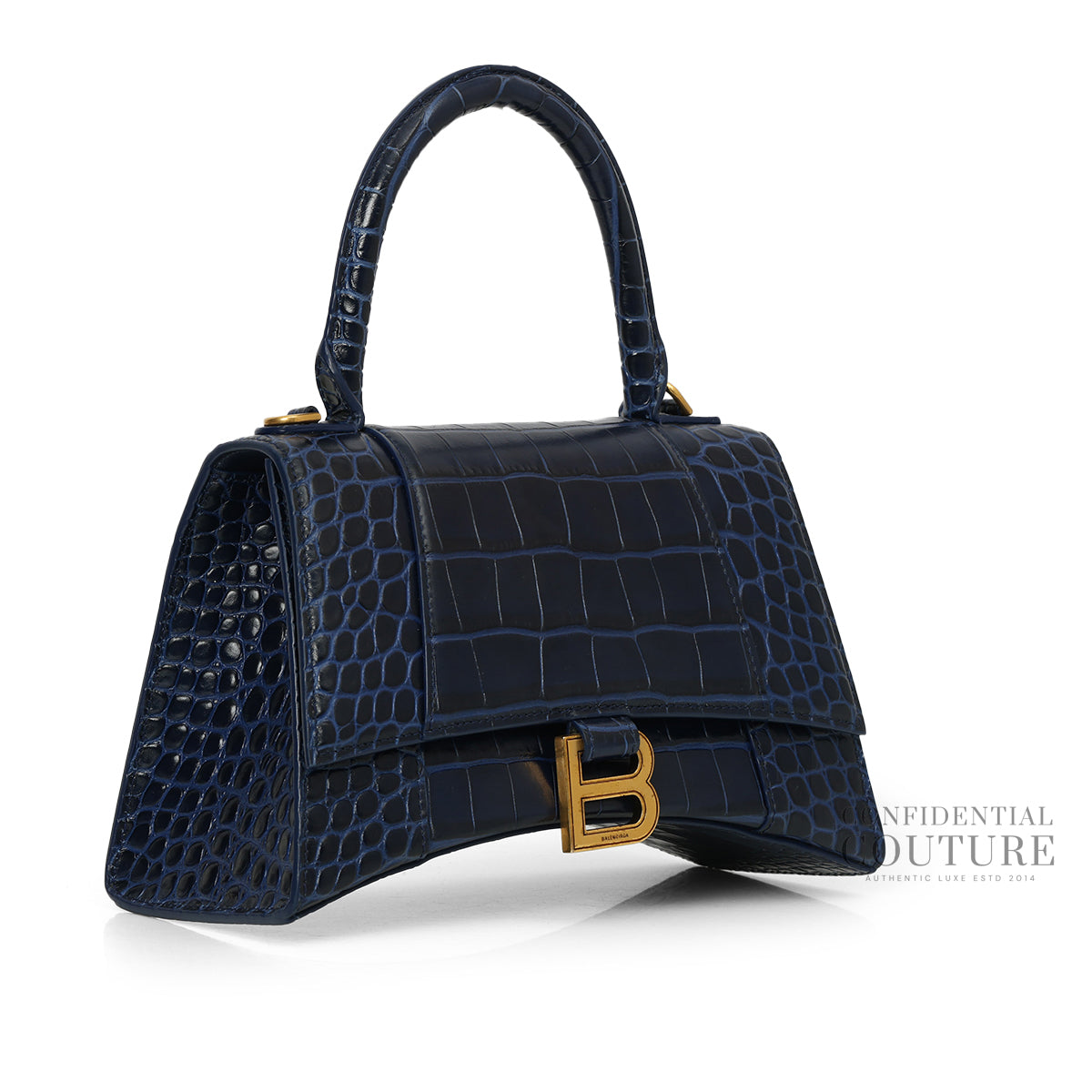 Hourglass XS Croc-Effect Leather Blue Crossbody Bag