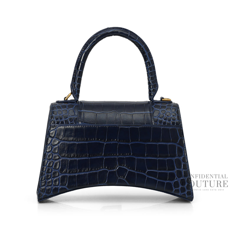 Hourglass XS Croc-Effect Leather Blue Crossbody Bag