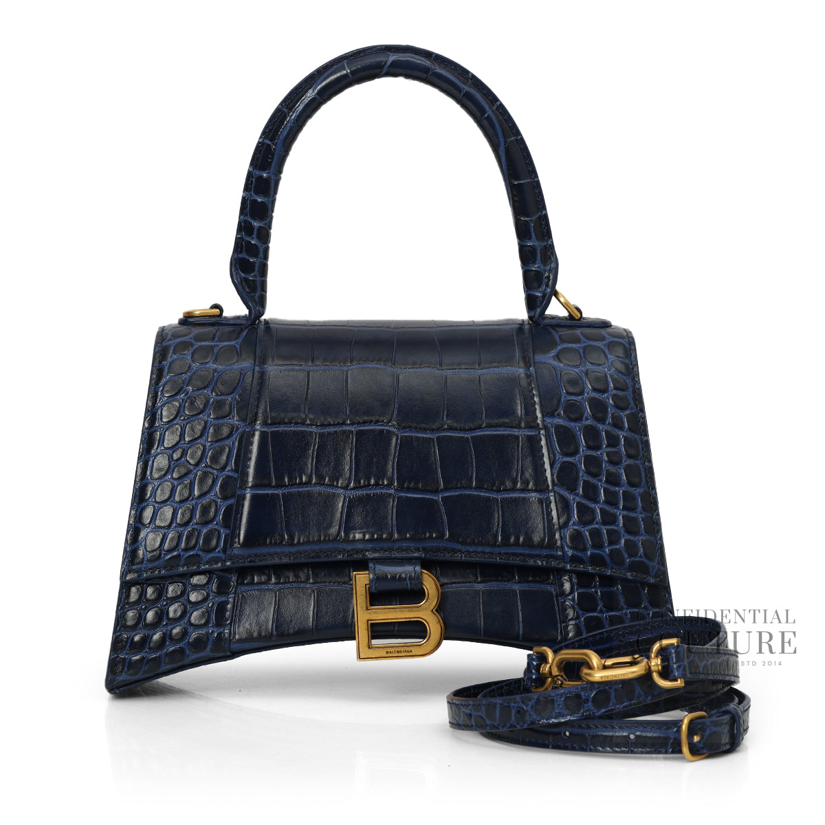 Hourglass XS Croc-Effect Leather Blue Crossbody Bag