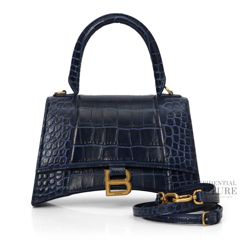 Hourglass XS Croc-Effect Leather Blue Crossbody Bag