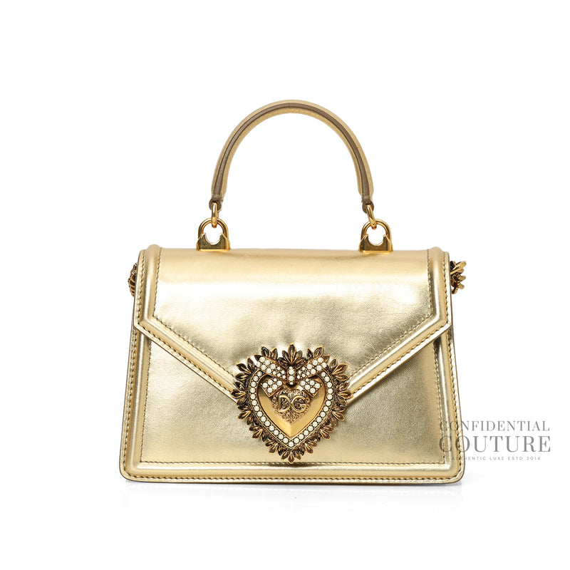 Dolce & Gabbana Small Devotion In Gold Nappaa Mordore Leather Top Handle Bag