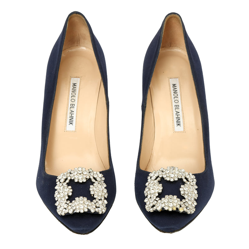 Hangisi  Navy Blue Satin Jewel Buckle Pumps Size: 37