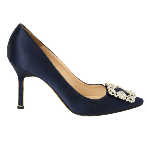 Hangisi  Navy Blue Satin Jewel Buckle Pumps Size: 37