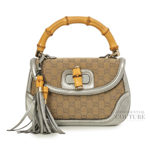 New Bamboo Monogram Metallic Silver /Beige Calfskin Medium Top Handle Bag