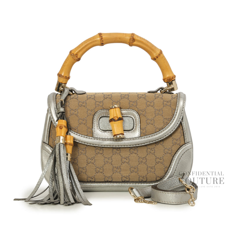 New Bamboo Monogram Metallic Silver /Beige Calfskin Medium Top Handle Bag