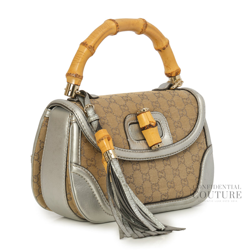 New Bamboo Monogram Metallic Silver /Beige Calfskin Medium Top Handle Bag