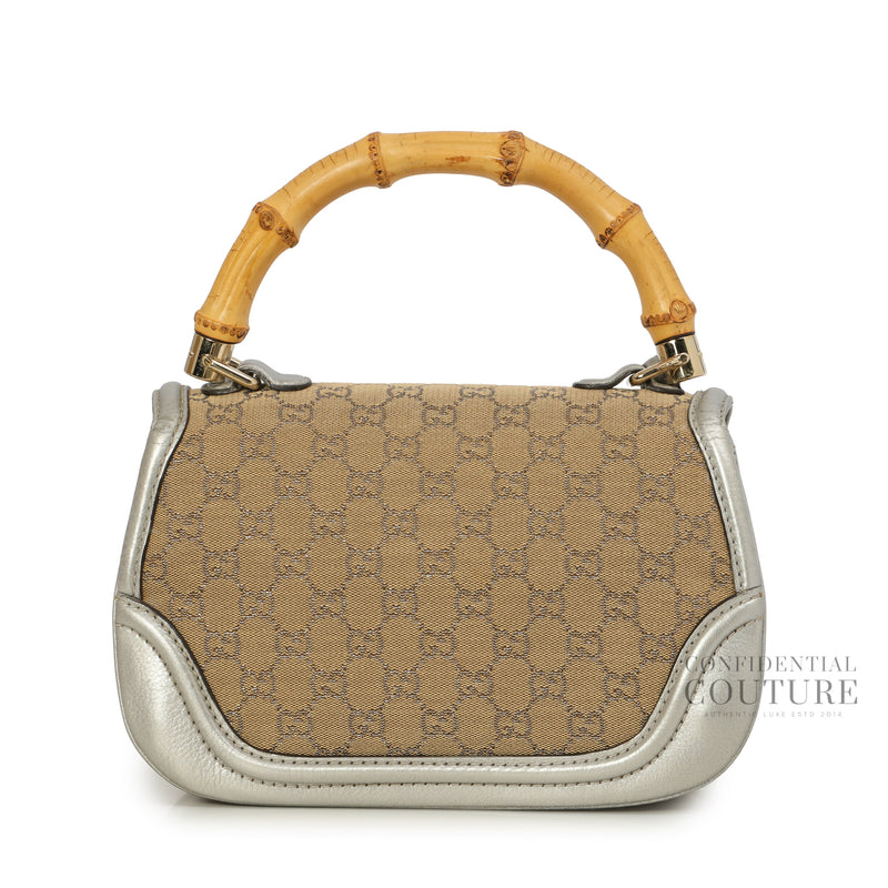 New Bamboo Monogram Metallic Silver /Beige Calfskin Medium Top Handle Bag