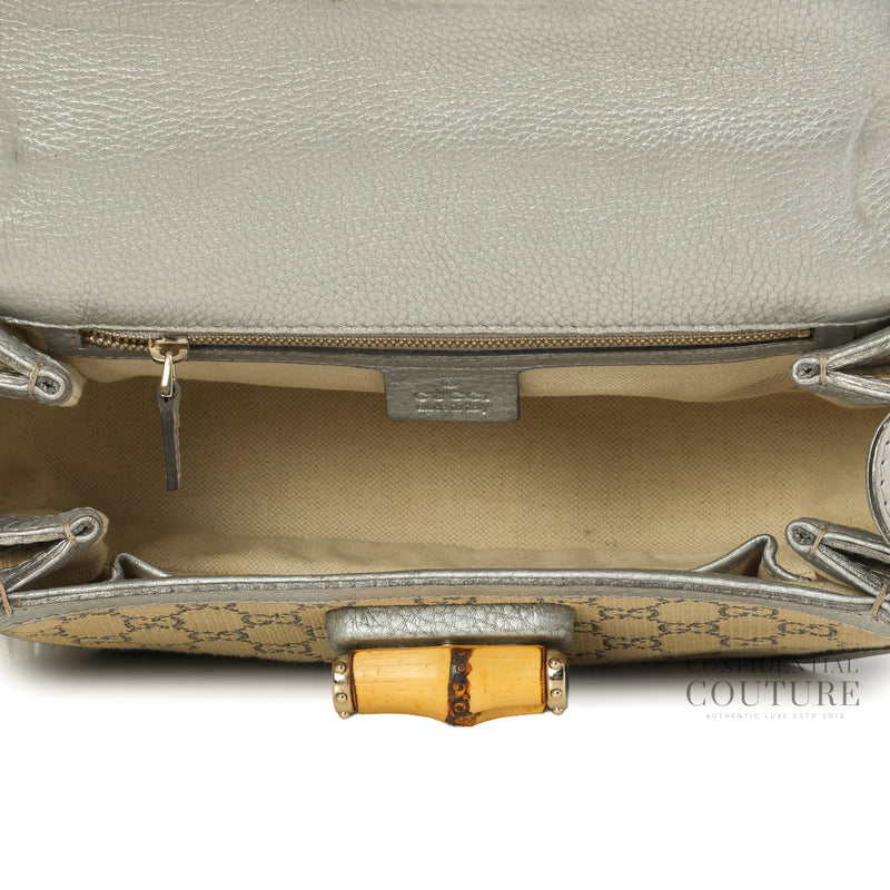 New Bamboo Monogram Metallic Silver /Beige Calfskin Medium Top Handle Bag