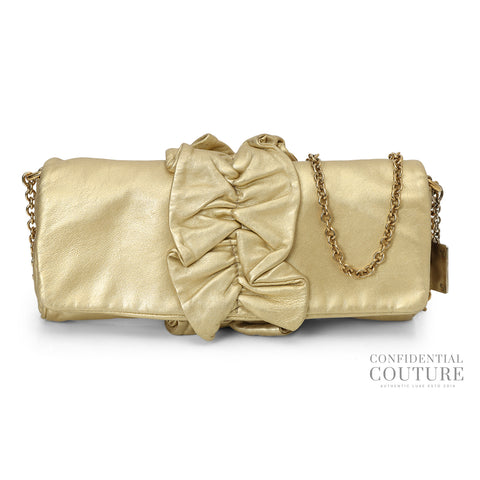 Gold Soft Ruffle Foiled Leather Clutch With Chain Strap