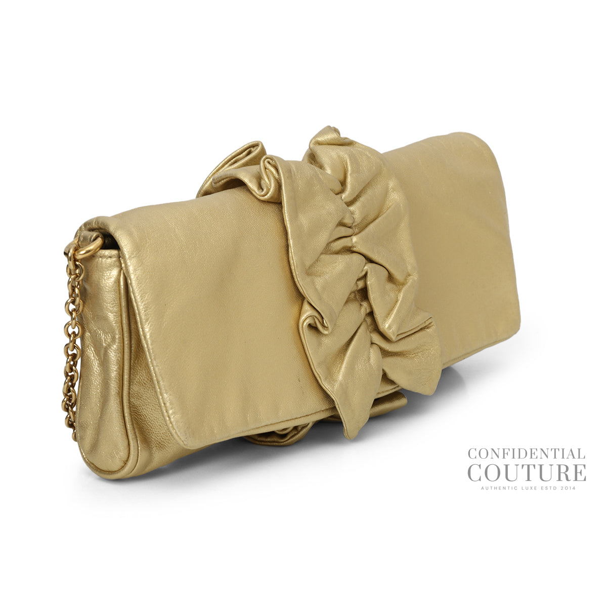 Gold Soft Ruffle Foiled Leather Clutch With Chain Strap