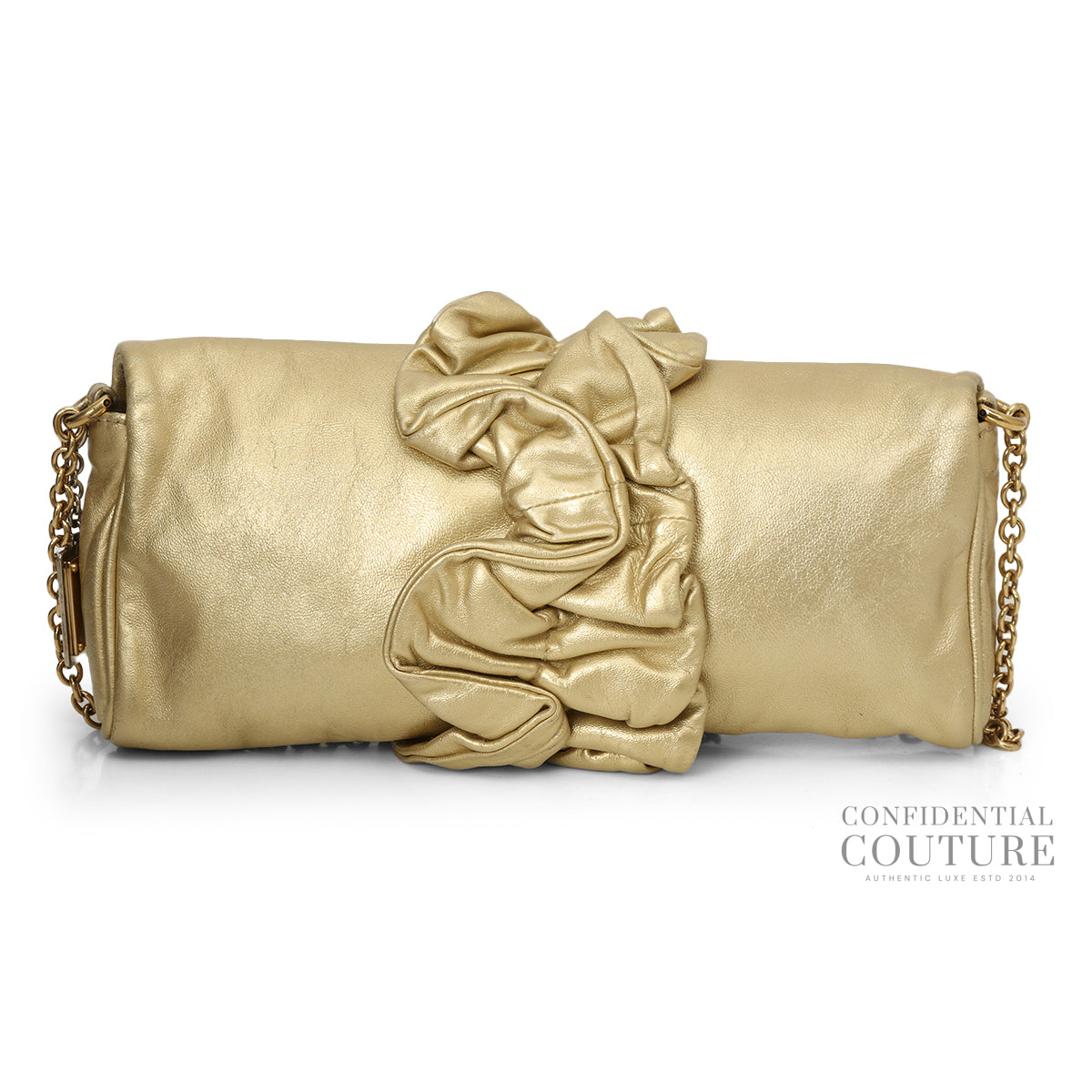 Gold Soft Ruffle Foiled Leather Clutch With Chain Strap