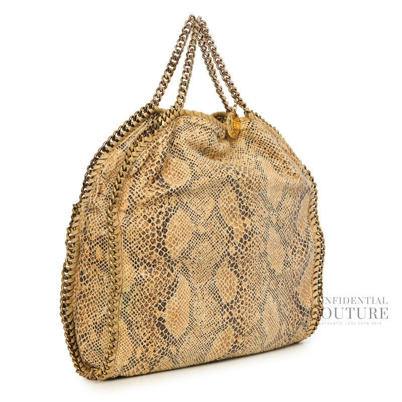 Beige Python Embossed Canvas Falabella Small Tote Bag