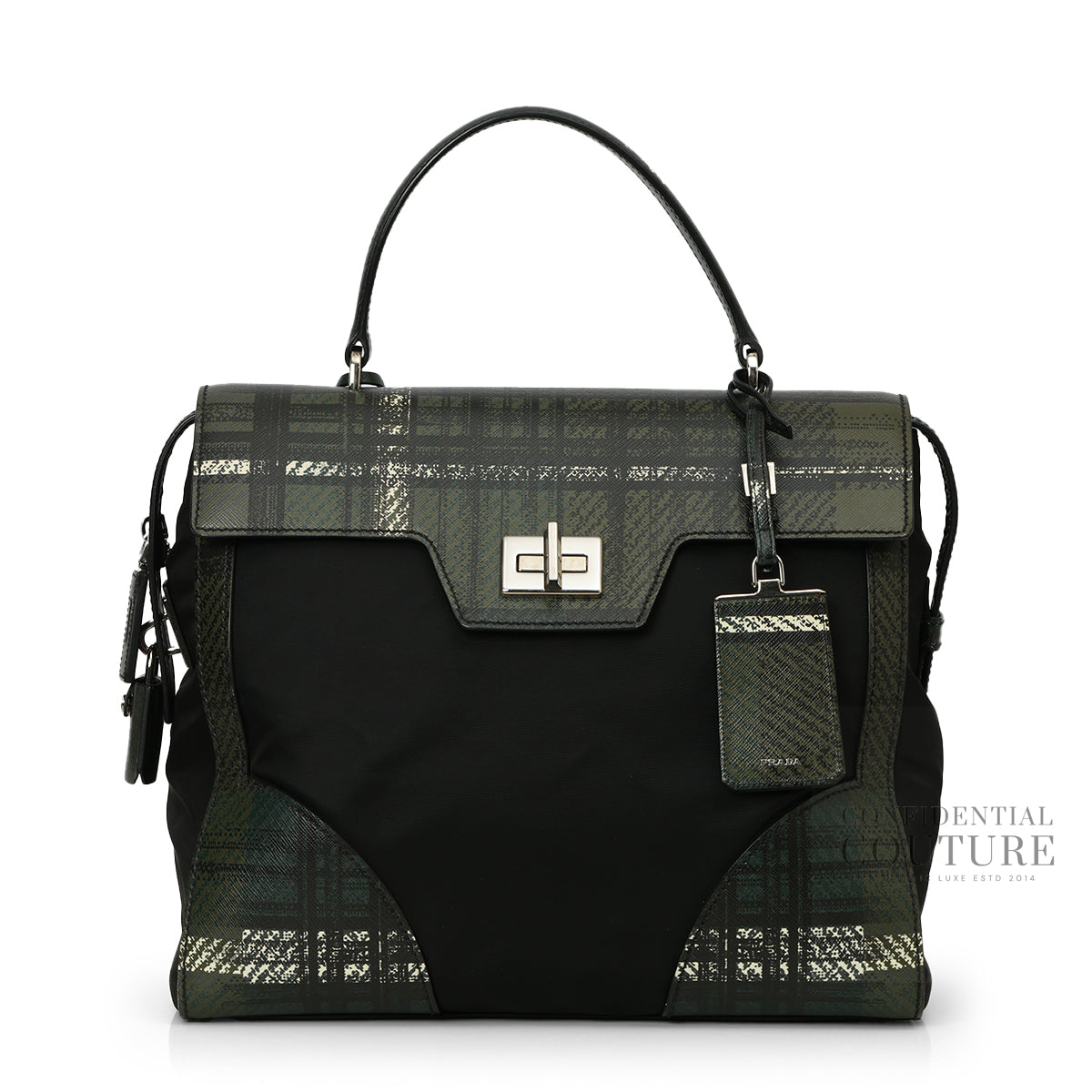 Prada Green/Black Tartan Saffiano And Nylon  Top Handle Bag