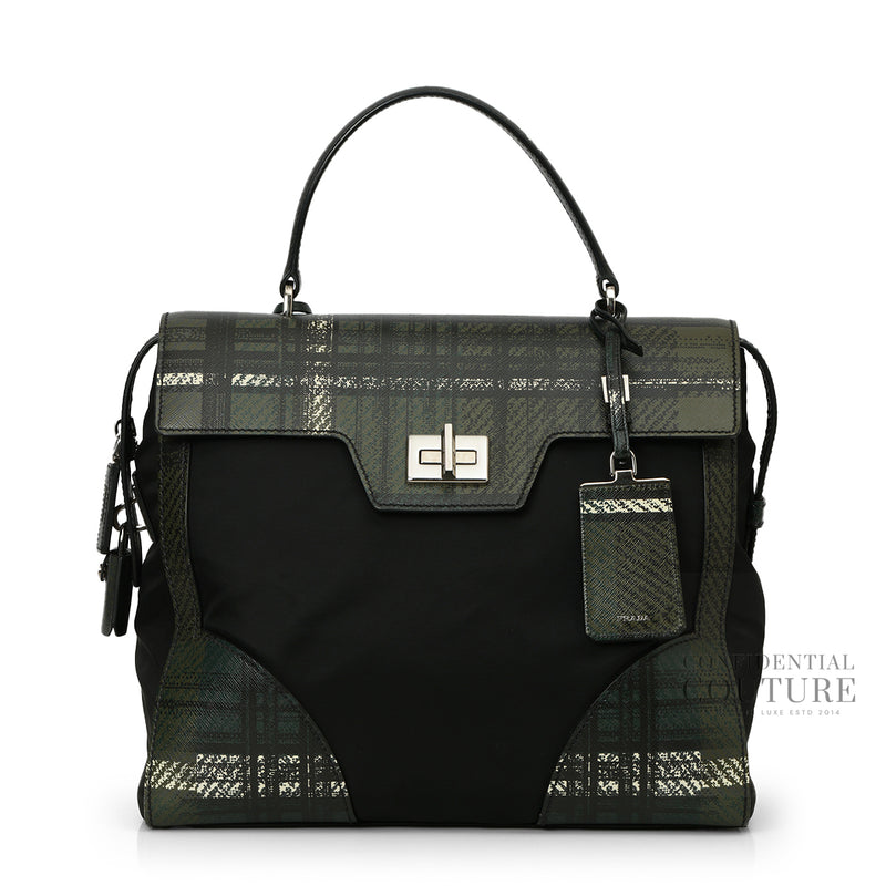 Prada Green/Black Tartan Saffiano And Nylon  Top Handle Bag