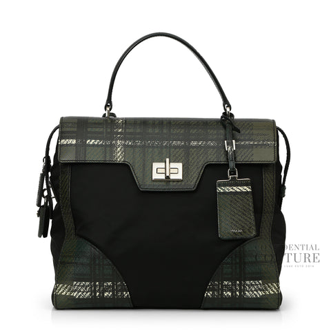 Prada Green/Black Tartan Saffiano And Nylon  Top Handle Bag