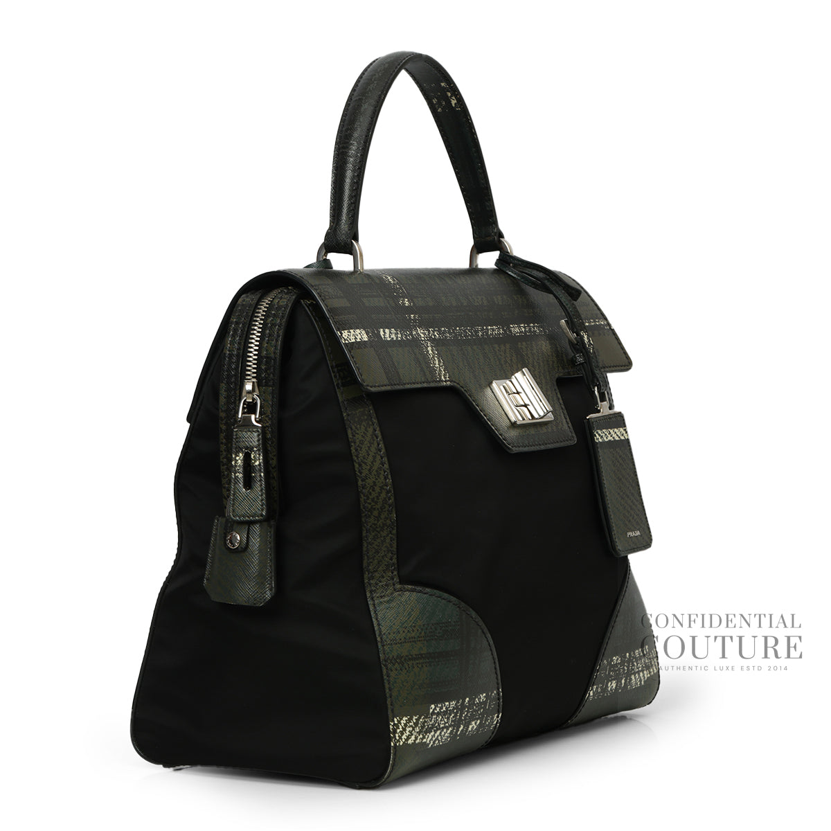 Prada Green/Black Tartan Saffiano And Nylon  Top Handle Bag