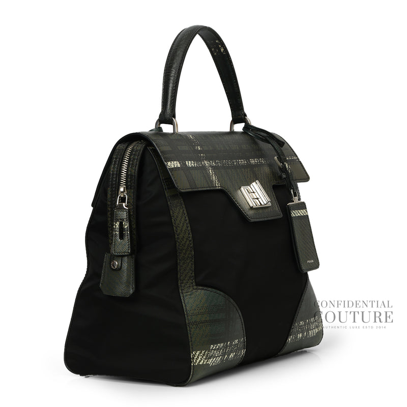 Prada Green/Black Tartan Saffiano And Nylon  Top Handle Bag