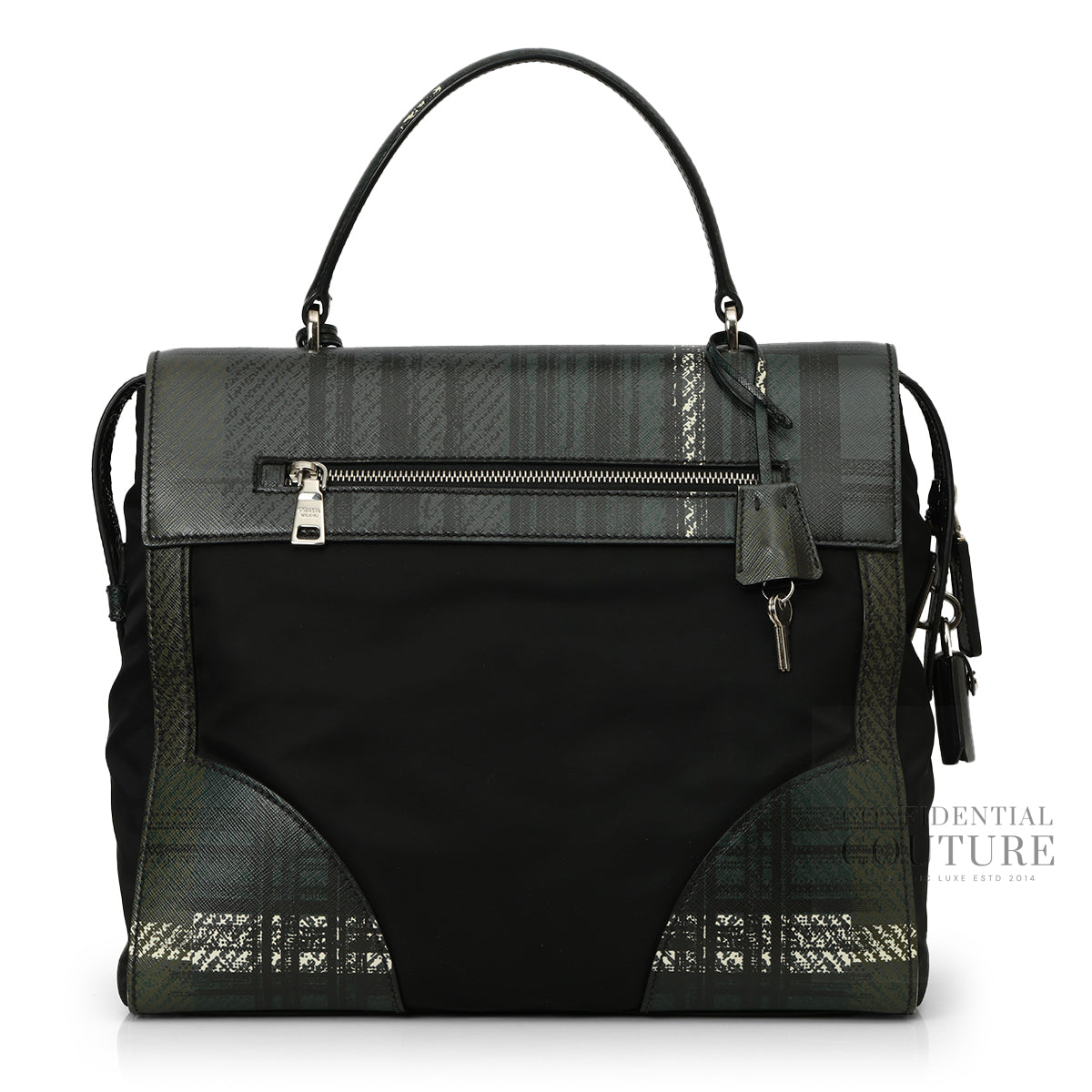 Prada Green/Black Tartan Saffiano And Nylon  Top Handle Bag