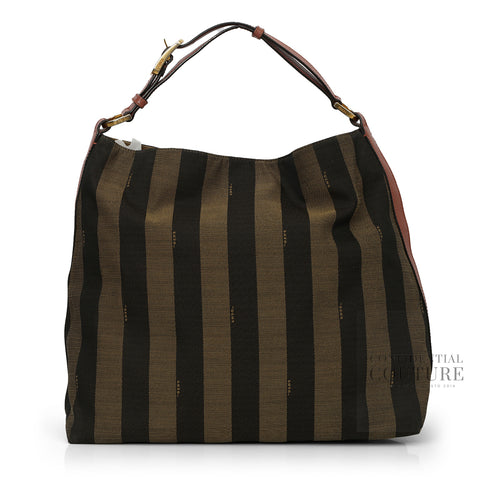 Dusty Rose Leather and Tobacco Pequin Stripe Canvas Hobo Bag