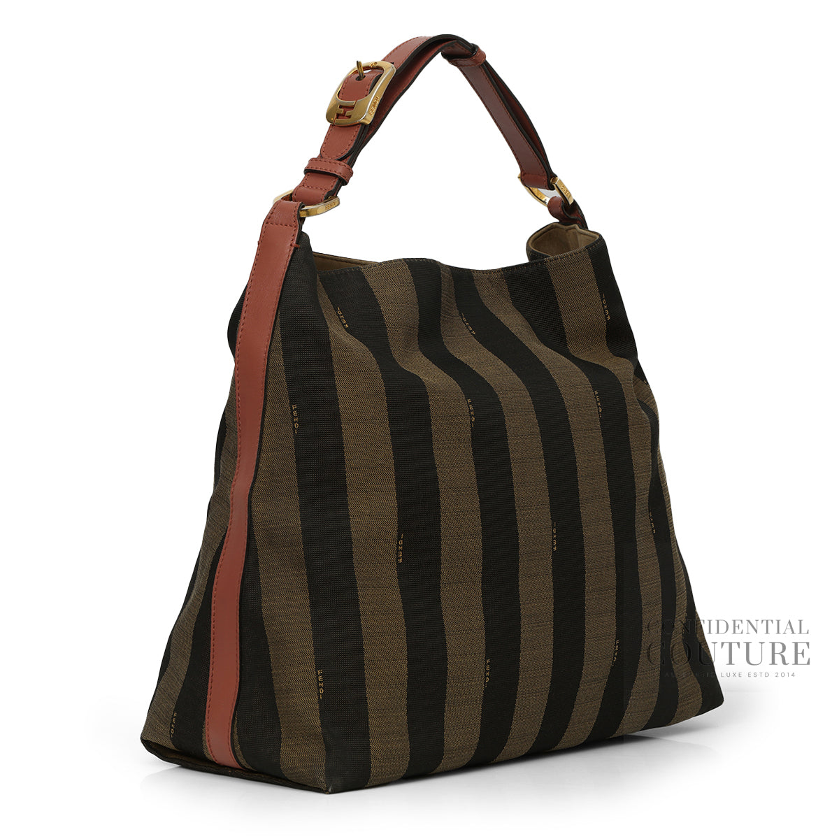 Dusty Rose Leather and Tobacco Pequin Stripe Canvas Hobo Bag