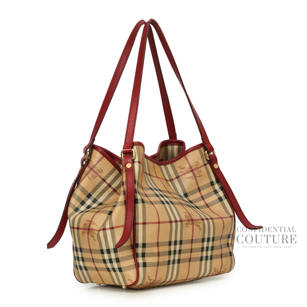 Red Leather Haymarket Check Canvas Canterbury Tote Bag