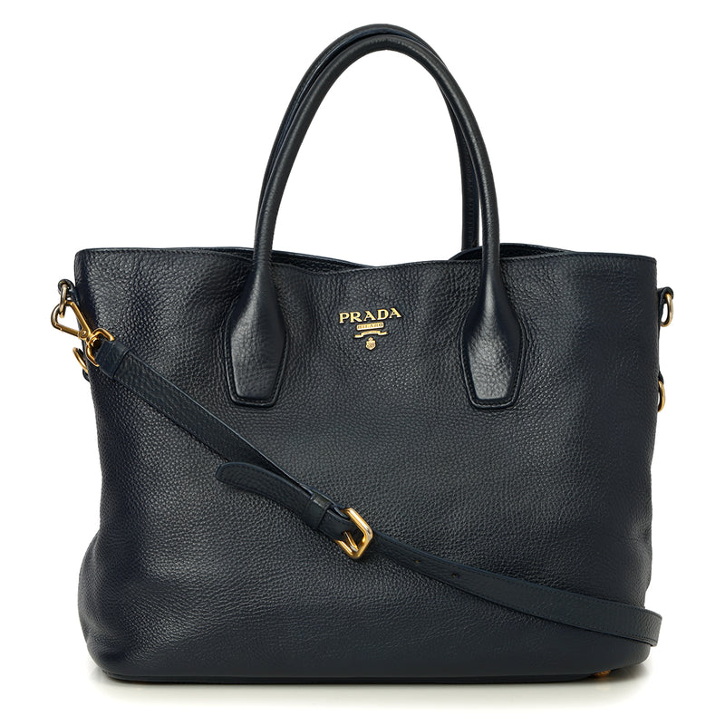Pre loved Prada Navy Blue vitello Daino Leather Shopper Tote One Size