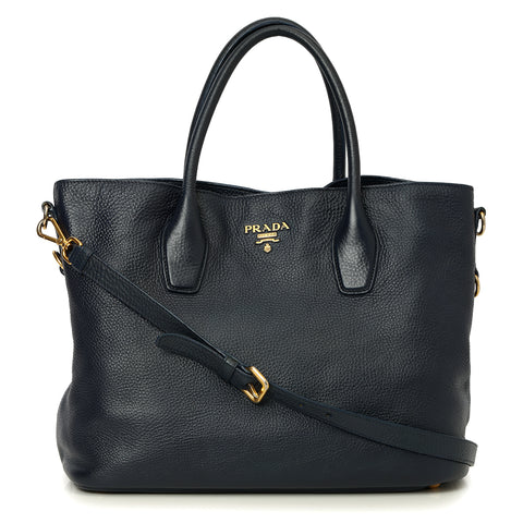 Navy Blue vitello Daino Leather Shopper Tote One Size