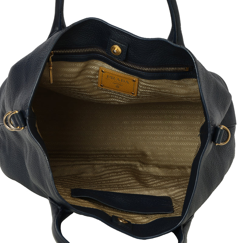 Prada Navy Blue vitello Daino Leather Shopper Tote One Size