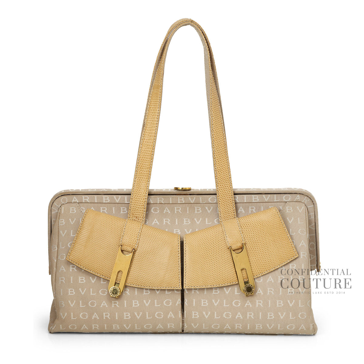 Beige Canvas Monogram Frame Shoulder Bag