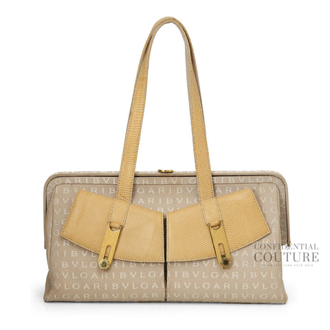 Beige Canvas Monogram Frame Shoulder Bag
