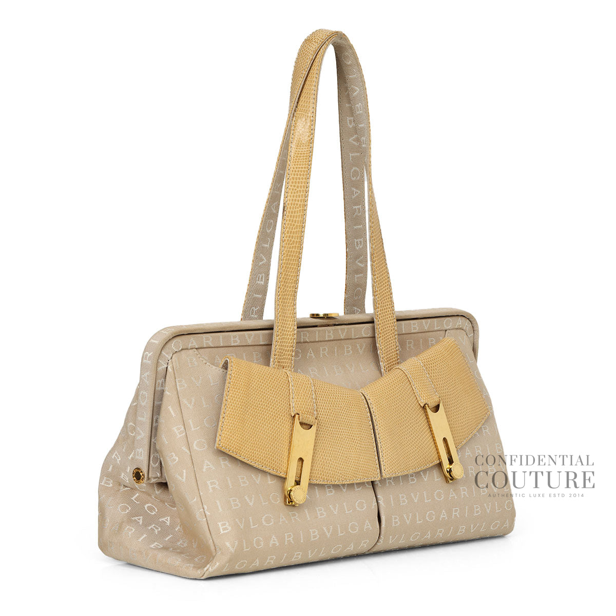 Beige Canvas Monogram Frame Shoulder Bag