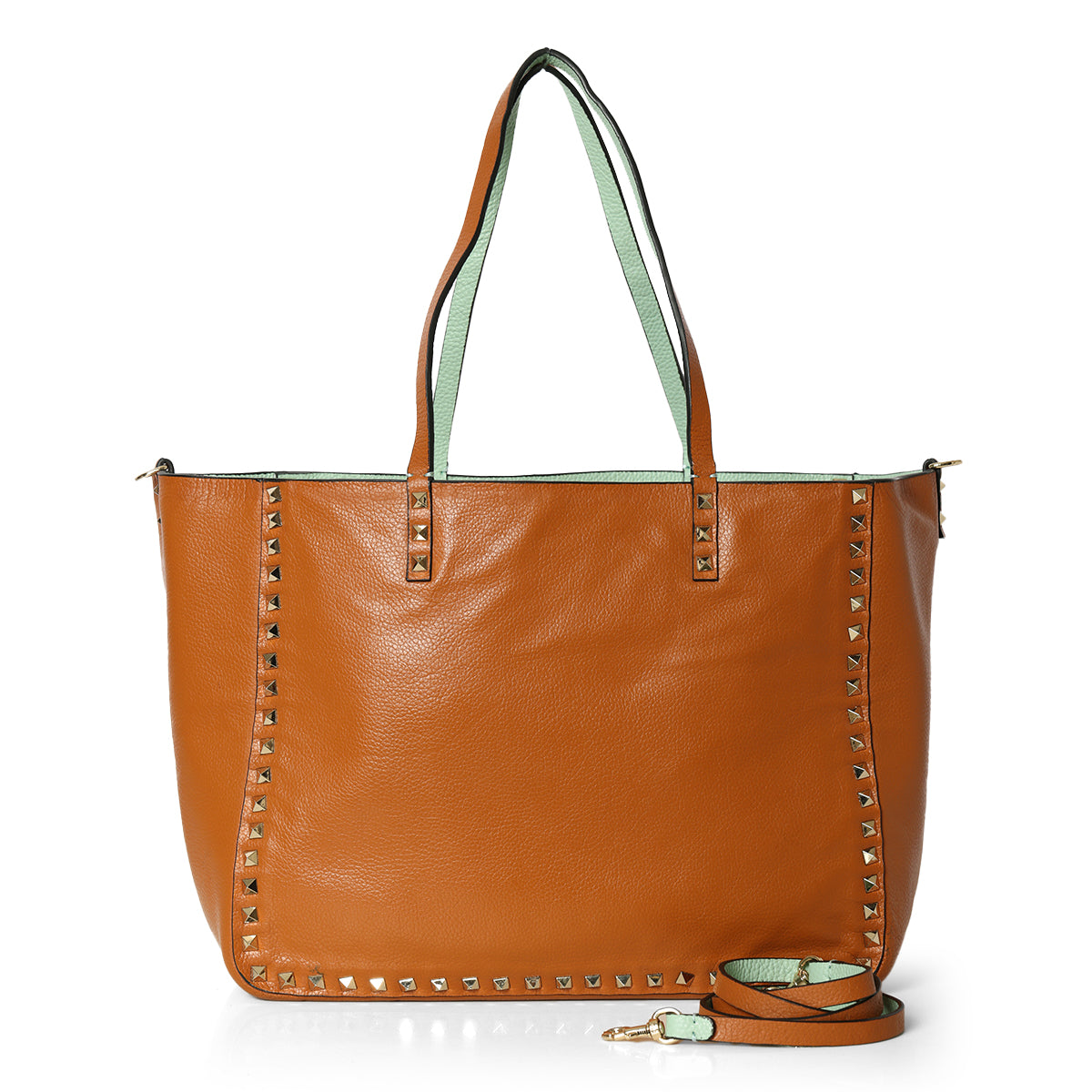 Tan/ Mint Green Pebbled Leather Medium Rockstud Reversible Tote