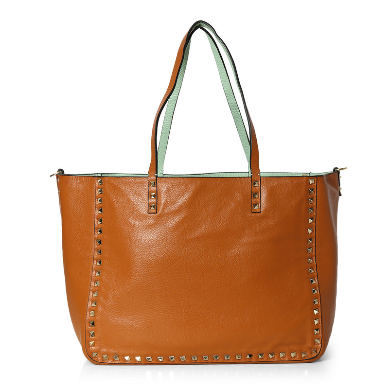 Pre-loved Valentino Tan/ Mint Green Pebbled Leather Medium Rockstud Reversible Tote