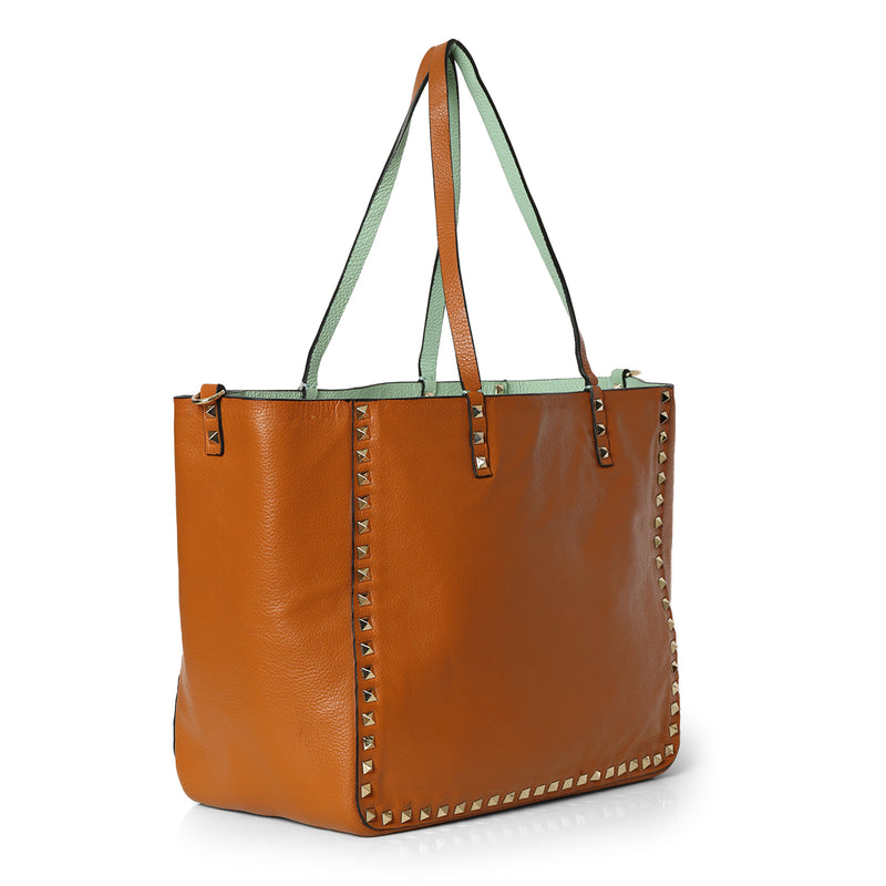 Women pre loved Valentino Tan/ Mint Green Pebbled Leather Medium Rockstud Reversible Tote