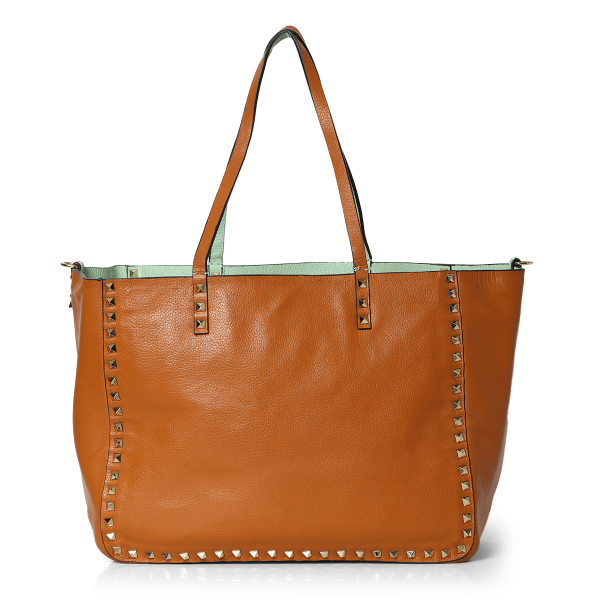 Tan/ Mint Green Pebbled Leather Medium Rockstud Reversible Tote