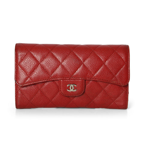 Red Quilted Caviar Leather Classic L Flap Wallet